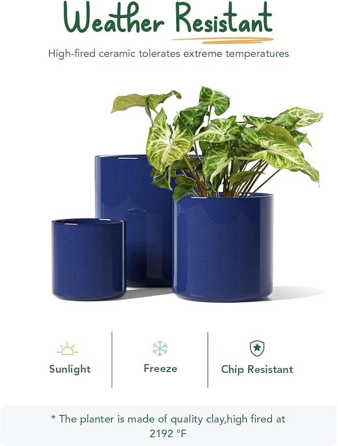 LE TAUCI Ceramic Pots for Plants, 10/8/6 Inch Indoor Planters with Draiange Hole, Silicone Plug & Mesh Pad, Modern Minimalist Pots for Home Office, Set of 3, Glossy, Midnight Blue