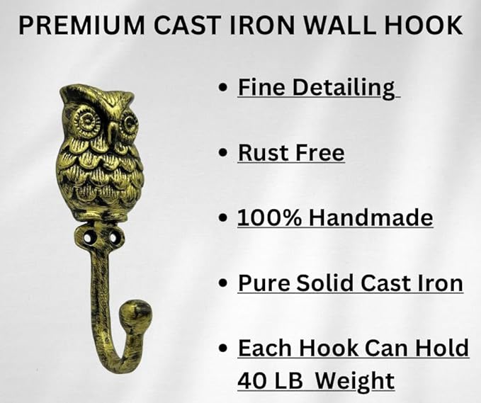 Set of 3 Cast Iron OWL Shape Coat Hooks Wall Art Decor-OWL Shape Hangers and Key Holder-Clothes Rack and Backpack Hanger-Coat Hooks Home Decor for Storage,Living Room (Brass Antique)