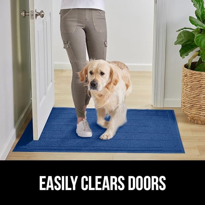 GORILLA GRIP Dirt Grabber Mesh Doormat, Low-Profile, Stain and Fade Resistant Heavy Duty Quick Dry Striped Doormats, Mats for Indoor or Outdoor Entry, Shoe Scraper, Garage Entrance Mat 35x23, Blue