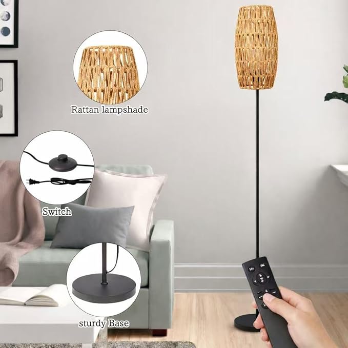 Floor Lamp for Living Room,Farmhouse Floor lamp,Modern Standing lamp with Hand-Worked Rattan Shade (Drum Shade-with Remote)