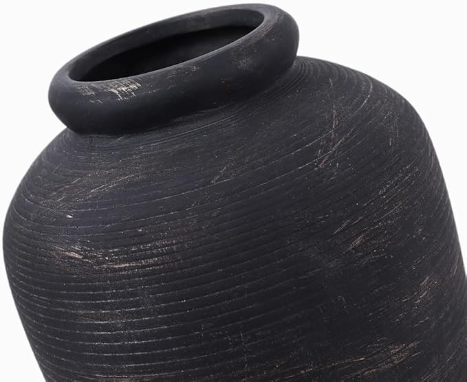 Large Black Vase - 11" Tall Rustic Farmhouse Vase, Black Ceramic Vintage Decorative Vase for Dining Table, Shelf, Bedroom, Living Room, Kitchen, Office, Bathroom, Mantle, Centerpiece Décor