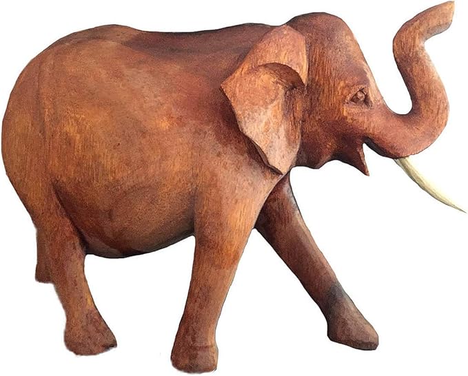 OMA Elephant Statue Solid Wood Hand Carved Lucky Trunk Up Elephant Figurine Home Decor (Large)