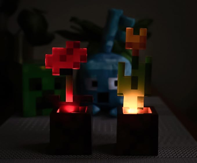 Minecraft Orange Tulip and Poppy Flower Pot Mood Lights, Set of 2 | Nightstand Table Lamp with LED Light for Bedroom, Desk, Living Room | Home Decor Room Essentials | Video Game Gifts And Collectibles