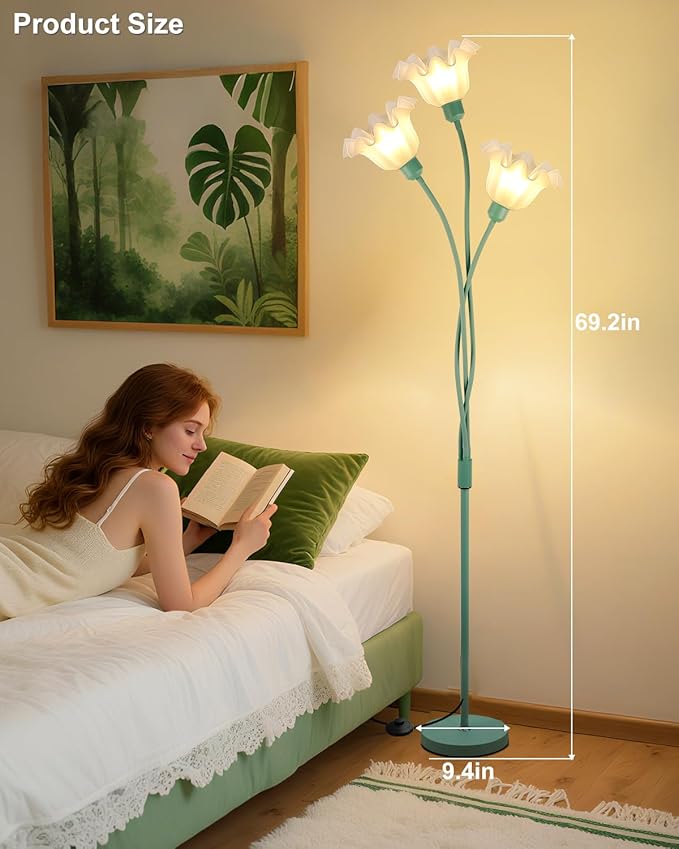 ACOHOOK Flower Floor Lamp for Living Room, Modern Tree Floor Lamp with Adjustable Heads, 3 Light 3000K Soft Warmwhite Mid Century Standing Tall Lamp for Bedroom Kids Room-Green