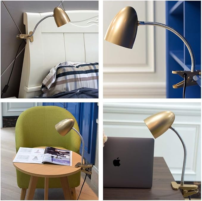 Energetic Clip on Lamp for Bed, Non-Dimmable Reading Light for Bed and Desk, 4000K Cool White, 3.5W 240 LM Flexible Gooseneck lamp, Eye Protection, ETL Listed, Gold