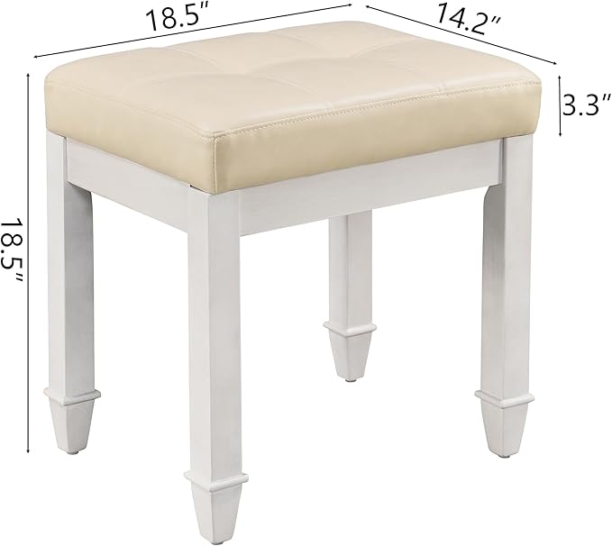 Vanity Stool Bench with Faux Leather Upholstered , Makeup Dressing Bench with Solid Wood Leg, Piano Bench Stools, Child Stool,18.5"L x 14.2"W x 18.5"H Stools, White Leg & Beige Surface FD2405PBG