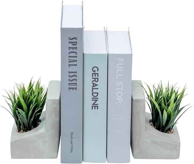 MyGift Decorative Bookends, Heavy Duty Book Ends with Artificial Green Grass Plants, Book Stands for Office Desktop, Bookshelf, Modern Gray Concrete L-Shaped