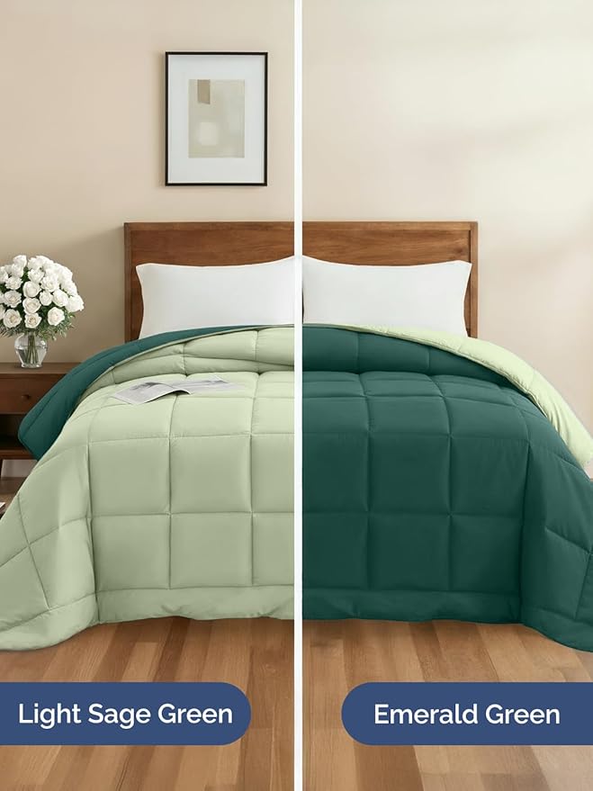 Cal King Size, Green Reversible Alternative Down Comforter - Warm Lightweight - Luxury Breathable Hotel Quality Bedding Set - All Season Fluffy Cozy Oversized Cooling Microfiber Duvet Insert Comforter