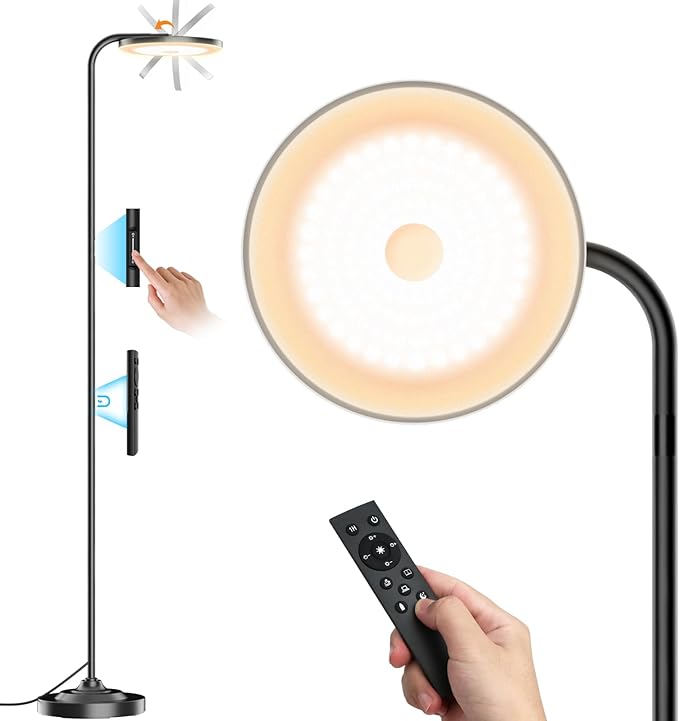 SIBRILLE 36W LED Floor Lamp, Upgrade Super Bright Standing Lamp, Modern Stepless Dimmable Torchiere Tall Lamp with Remote Control, 350°Rotating Head Reading Floor Lamp for Living Room, Bedroom, Office