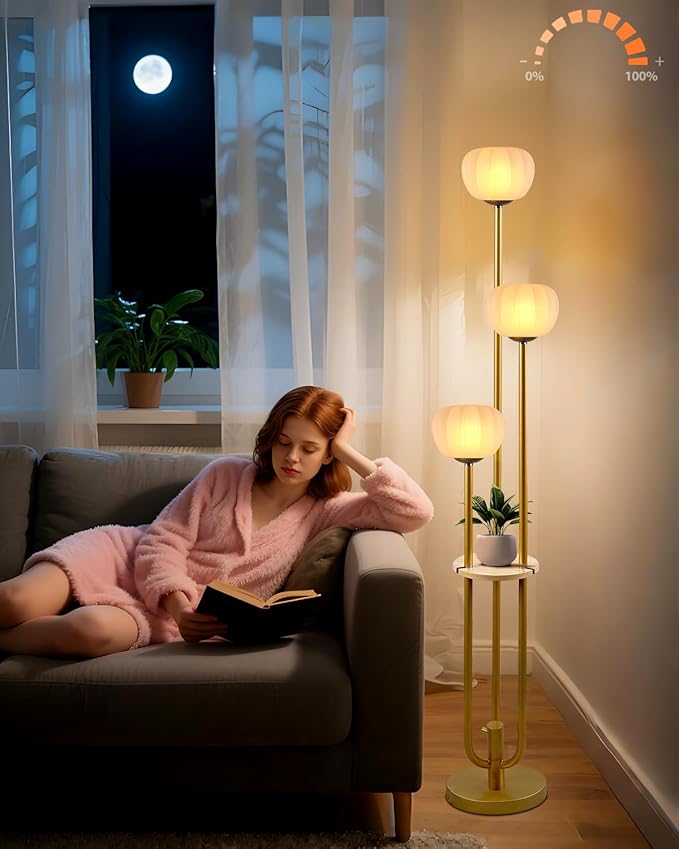 Lightdot Gold Floor Lamp with Table, Modern Dimmable Floor Lamps with Pumpkin Lampshade, 3000K Soft Warm White Bulbs Included, 3-Light Tall Standing Lamp for Living Room/Bedroom