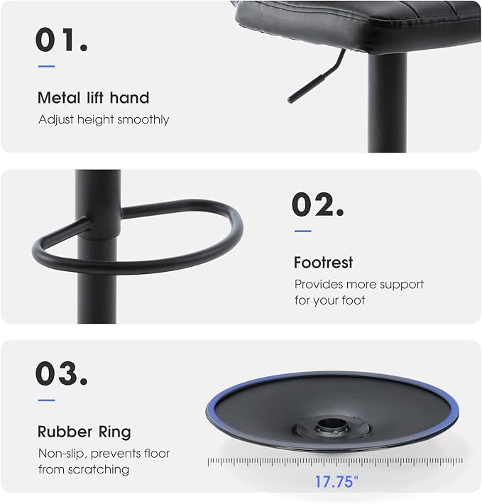 Brage Living Adjustable Bar Stools Set of 2, Modern PU Leather Swivel Barstools with Back, Armless Airlift Counter Height Bar Chairs for Kitchen Dining Pub Cafe (Black, Black Base)