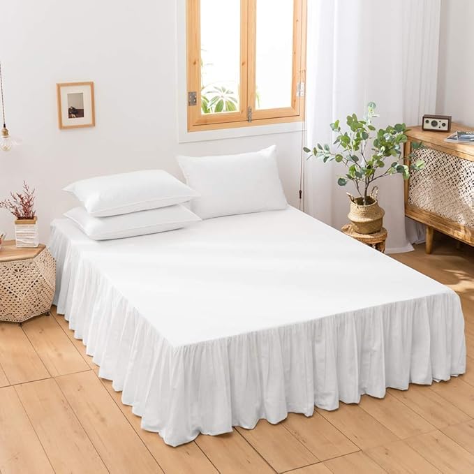 BISELINA French Linen Bed Skirt with Pleated Frills 14-Inch Tailored Drop Natural Flax Cotton Blend Dust Ruffle Soft Cozy Farmhouse Bedding (14" California King, Ruffle White)