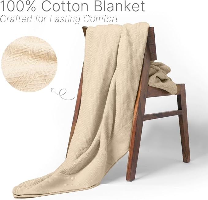 9Threads Queen Size Multipurpose Blanket, 100% Extra Long Staple Cotton, Soft & Breathable Herringbone Weave, Beige, Lightweight, Machine Washable, All-Season Throw Blanket for Bedroom & Travel