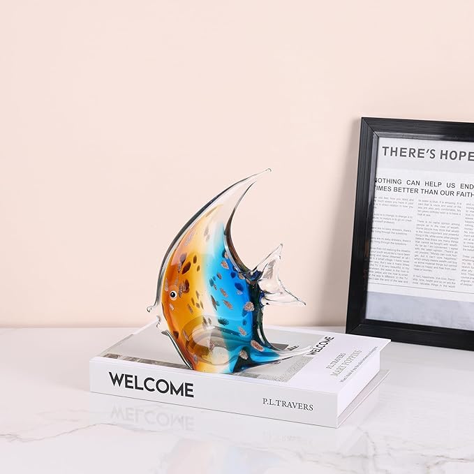 DOVDOV Hand-Blown Glass Fish Decorative Sculpture, Orange Ocean Glass Art Piece, Coastal-Themed Decor Suitable for bedrooms, Offices, Coffee Tables, and TV Stands, Marine Animal Sculpture Art.