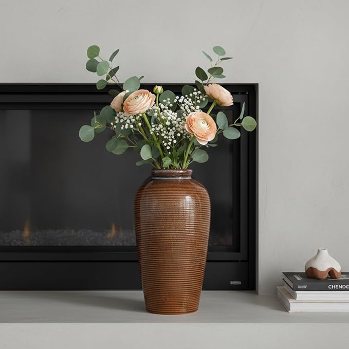 Rustic Farmhouse Ceramic Vase - 11 Inch Large Brown Pottery Vases Home Decor, Glazed Textured Decorative Vase for Pampas Grass, Console, Entryway Table Decor, Mantle, Kitchen Centerpieces