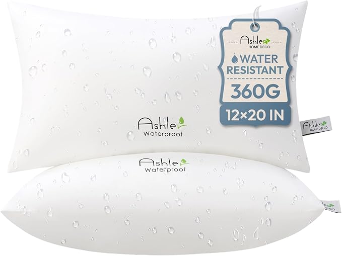 Ashler Home Deco Outdoor Waterproof Pillow Inserts - 12 x 20 Pillow Inserts Set of 2, Water Resistant Patio Furniture Pillows Decorative for Garden, Hypoallergenic Lumbar Pillow for Sofa Couch