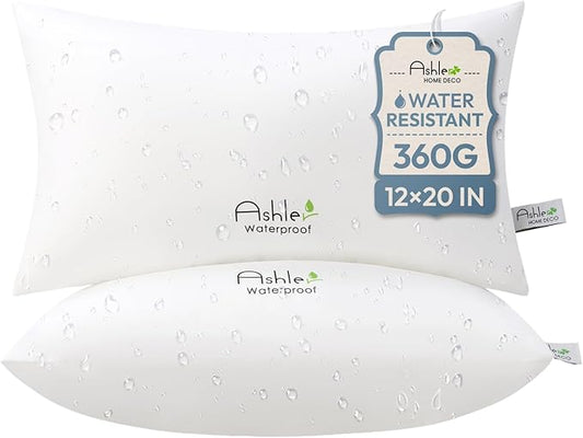 Ashler Home Deco Outdoor Waterproof Pillow Inserts - 12 x 20 Pillow Inserts Set of 2, Water Resistant Patio Furniture Pillows Decorative for Garden, Hypoallergenic Lumbar Pillow for Sofa Couch