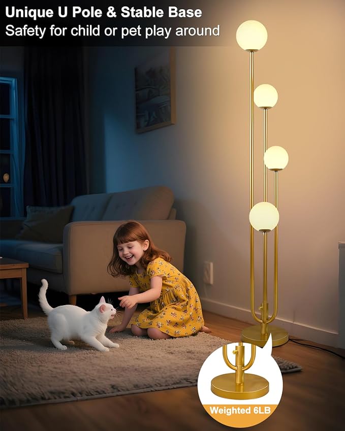 ACOHOOK 63IN 4-Light Dimmable Floor Lamp, Unique Candle Holder Style Gold Tall Standing Lamps with 3000K G9 Bulbs for Reading, Mid Century Modern Floor Lamp for Living Room Bedroom Home Office
