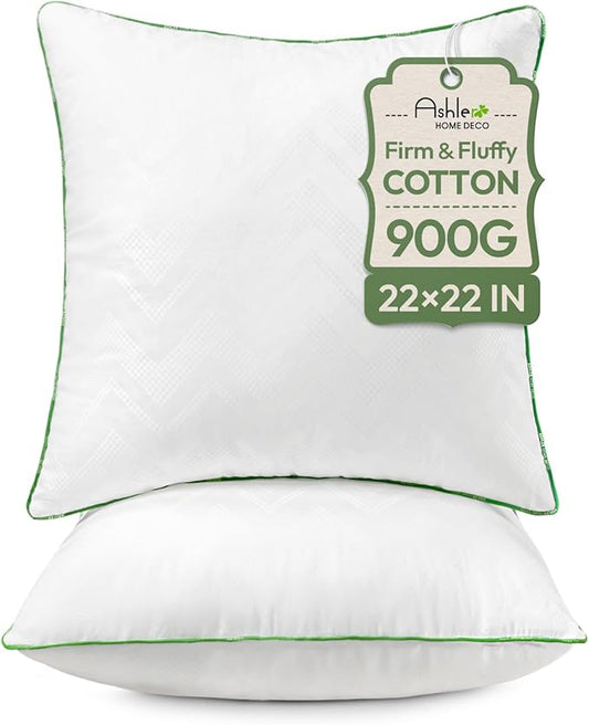 Ashler Throw Pillow Inserts (Pack of 2, White), 22 x 22 Inches Pillow Inserts with 100% Cotton Cover, Indoor Decorative Pillows Inserts for Couch Sofa and Bed