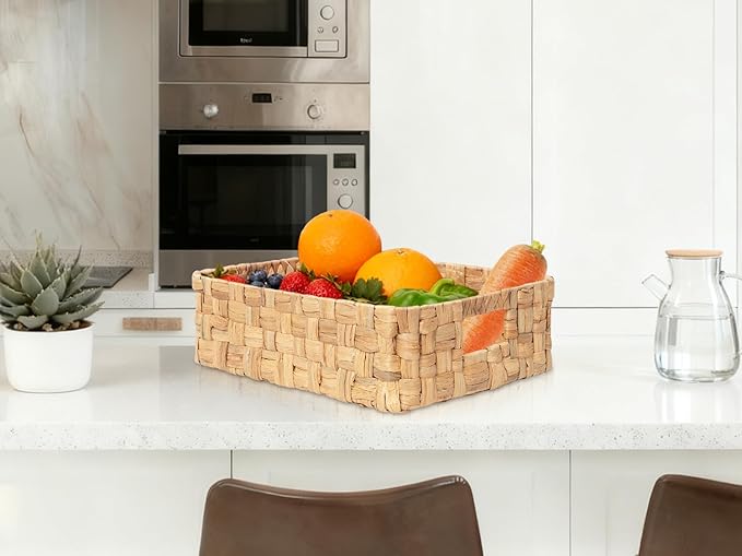 YAHUAN Water Hyacinth Storage Basket Handwoven Wicker Shelf Basket, Shallow Basket Tray Organizer with Handles for Home, Closet & Kitchen (Original)