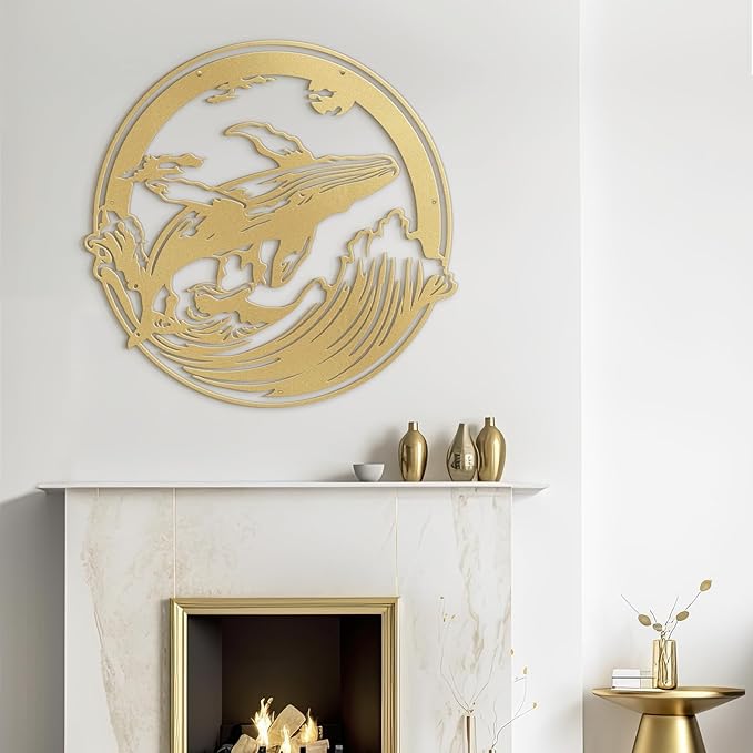 SIGNLEADER Metal Wall Art Decor Whale on Waves Minimalist Modern Abstract Wall Sculpture Hangings Home Decoration for Living Room, Bedroom, Bathroom, Kitchen, Outdoor - 18" Gold