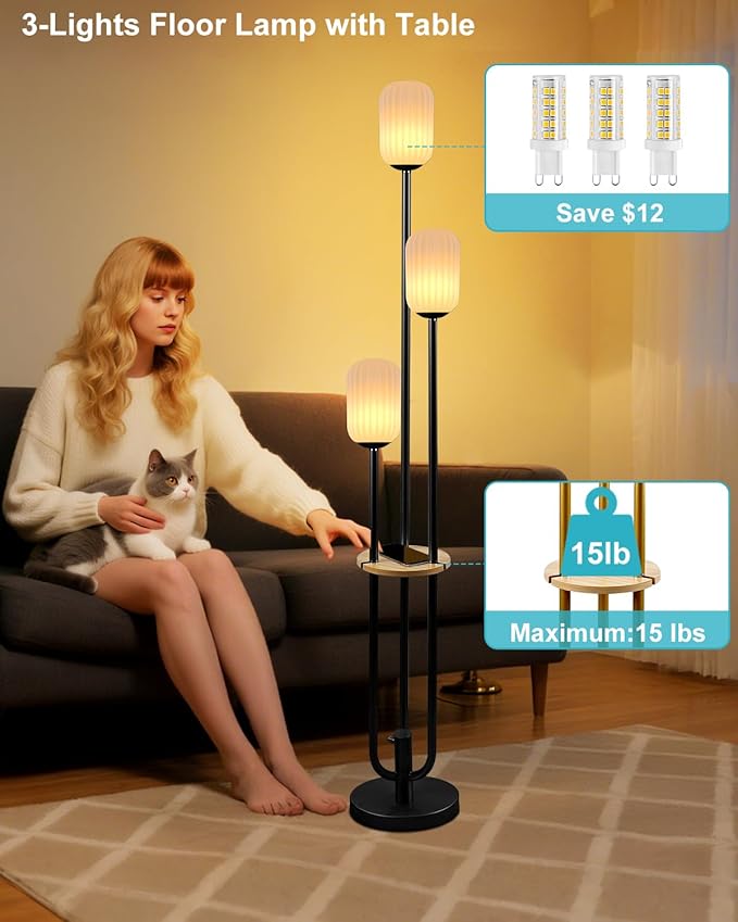 ACOHOOK Floor Lamp for Living Room, Dimmable Vintage Floor Lamp with Shelf & LED Bulbs, 3 Light 3000K Soft Warmwhite Mid Century Standing Lamp, Tall Lamps for Bedroom Office