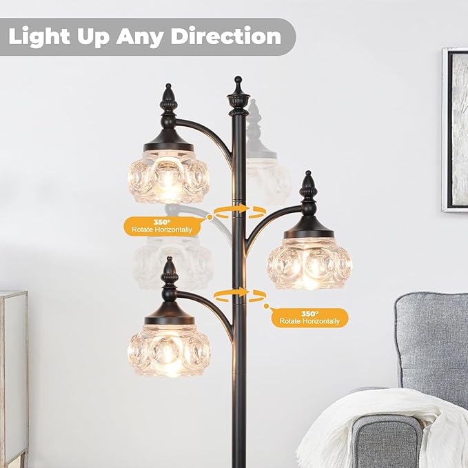 JUNNAI Black Floor Lamp for Living Room,Tall Standing Lamp Dimmable Tree Floor Lamps with 3 Rotatable Lights Glass Shade 66.5'' Modern Corner Lamp for Bedroom Office(3LED Bulbs Included)