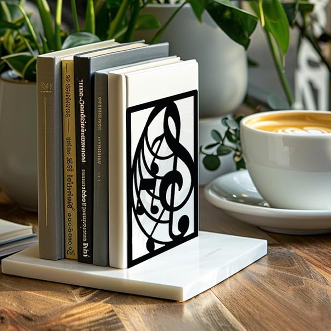 Peacoblue Metal Bookends for Shelves, Modern Decorative Heavy Duty Study Book Support Stoppers for Desk, Shelf, Room 5.3"x4.3"x7.9" Cast Iron Simple Tall Bookends to Hold Books, 1 Pair (Musical Note)