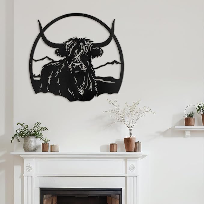 SIGNLEADER Metal Wall Art DecorHighland Cow with Mountain Minimalist Modern Abstract Wall Sculpture Hangings Home Decoration for Living Room, Bedroom, Bathroom, Kitchen, Outdoor - 18" Black