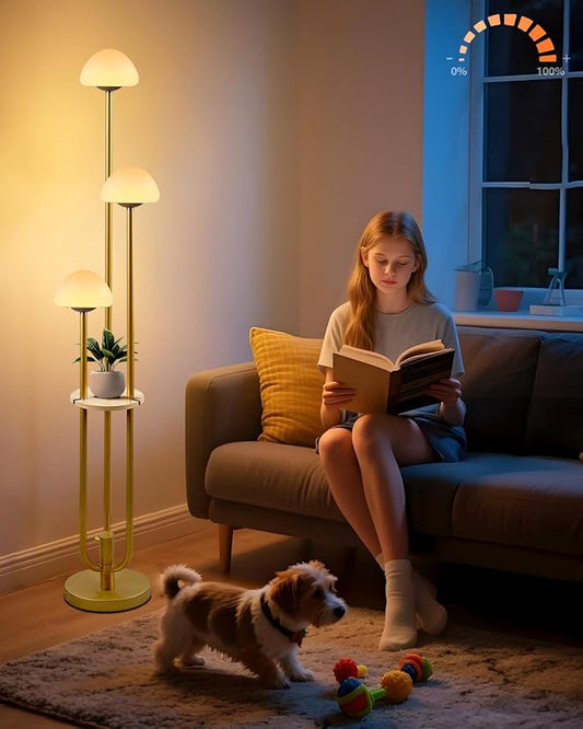 Lightdot Gold Dimmable Floor Lamp with Table, Modern Floor Lamps for Living Room, 3000K Soft Lights Tall Standing Lamp with Mushroom Shades & Bulbs for Bedroom/Office