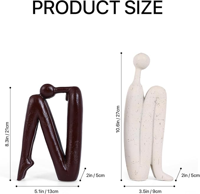 Thinker Statue Decorative Bookends,1 Pair/2 PCS Book Ends for Shelves Unique Modern Book Stopper for Heavy Books, Abstract Aesthetic Decor, Modern Home Bookshelf Decoration (White and Red Brown)