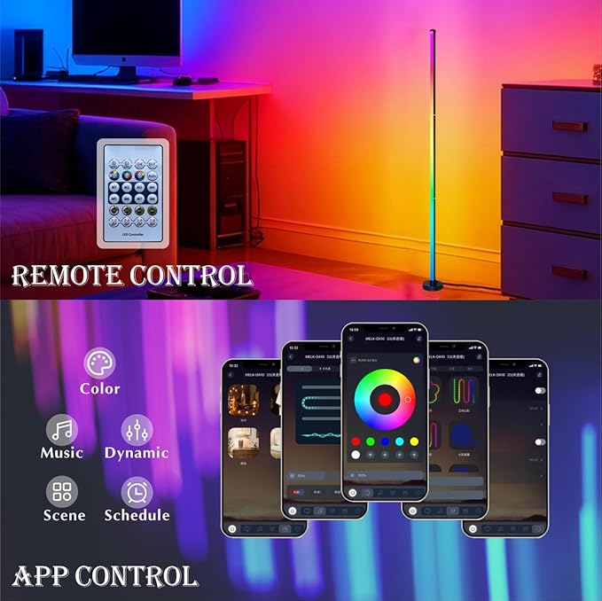 RGB LED Corner Floor Lamp，DIY Floor Lamp with Music Sync and 16 Million Colors, 213 Dynamic Modes, App & Remote Control,Standingl Corner Changing Ambience Light, for Living Bedroom Room Gaming Room