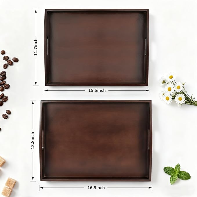 Bamboo Serving Tray with Handles, Set of 2 Large Wood ServingTrays for Food & Coffee, Elegant Wooden Tray for Breakfast in Bed, Kitchen & Party - Black Walnut Finish