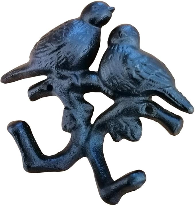Comfy Hour Antique and Vintage Animal Collection Cast Iron Birds Double Key Coat Hooks Wall Hanger Clothes Rail Set, Heavy Duty Black