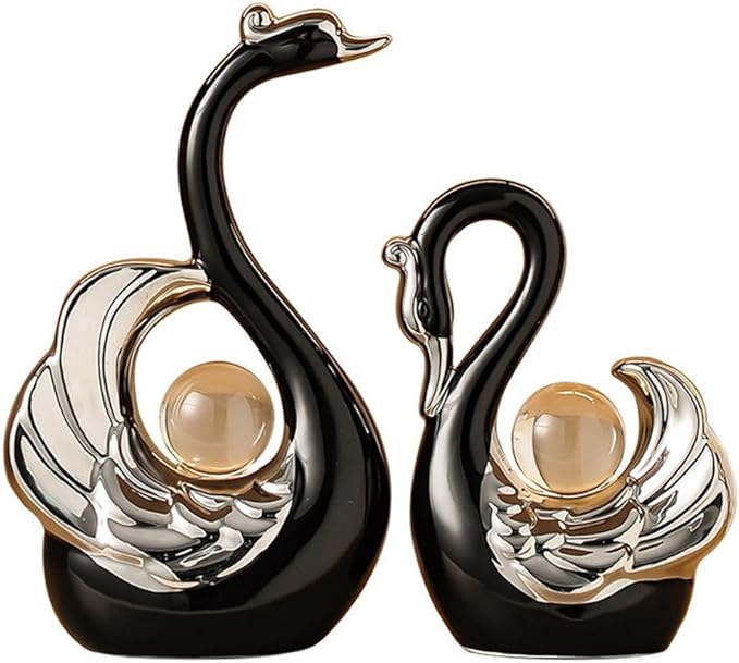 XINDAM A Pair of Swan Figurines Swans Statue with Crystal Ball Model Home Office Display Decorative Craft Living Room Decor (Black)