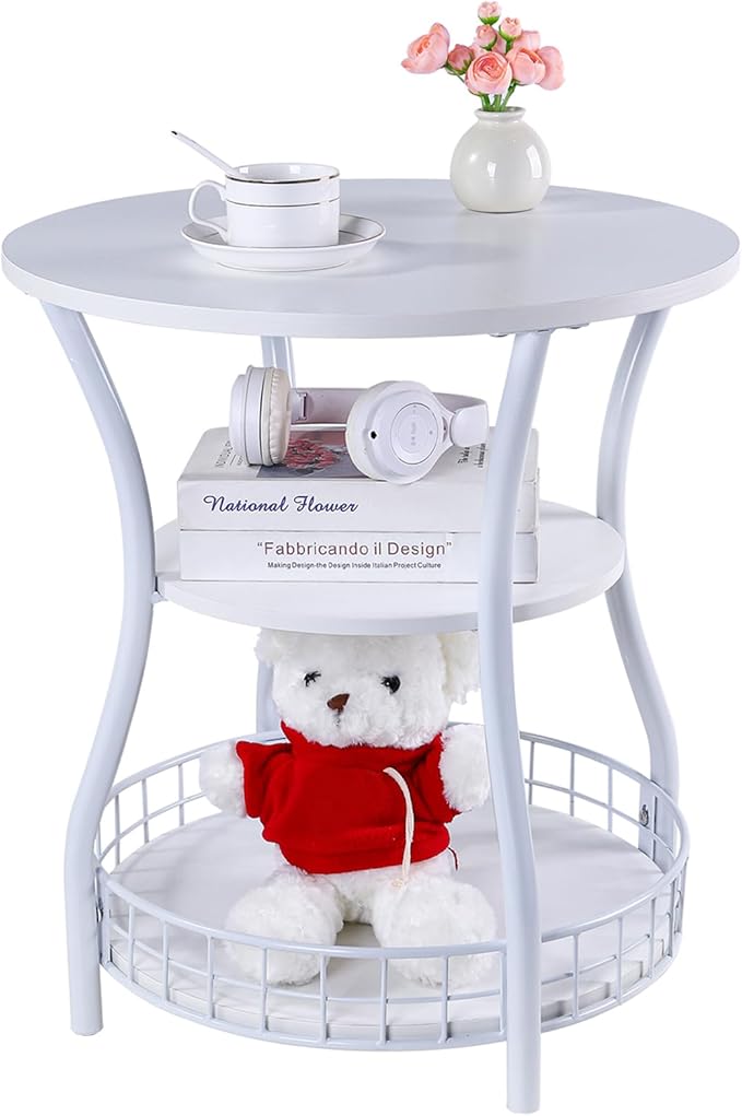 Round Side Table, 3-Tier End Table with Storage Shelf,White Accent Sofa Table for Small Spaces,Corner Round Coffee Table for Living Room, Bedroom,19.6 inch Diameter