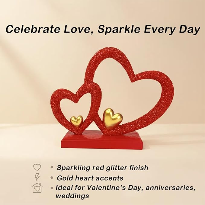 Double Heart Sculpture Valentine’s Day Statue, Faux Beaded Texture with Gold Accents, 7.9" Red Romantic Decor for Shelf, Mantel, Bedroom, Wedding, for Her