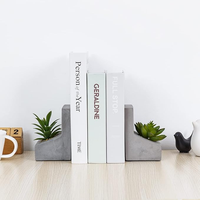 MyGift Decorative Bookends for Heavy Books, Book Ends with Planted Artificial Succulent Plants, Book Stands for Shelves Desktop, 1 Pair, L-Shaped Concrete