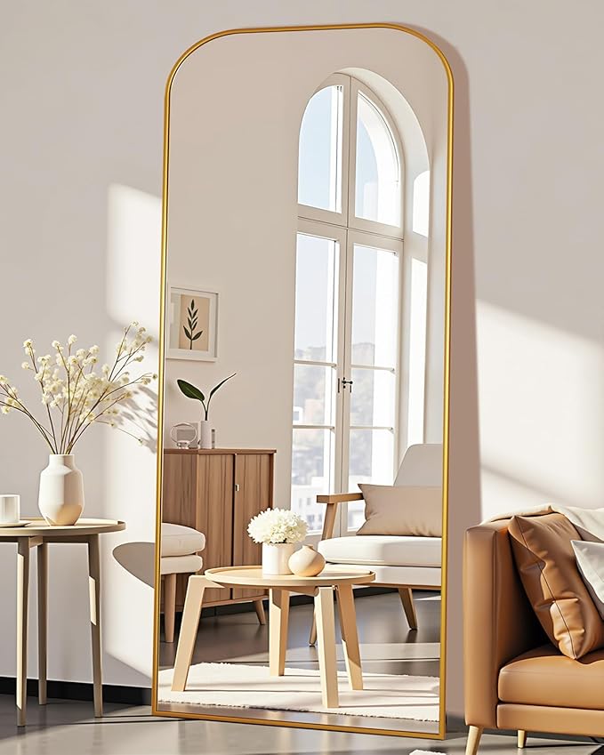 Antok Full Length Mirror, 59"x22" Floor Mirror Freestanding, Arched Floor Standing Large Mirror Full Body Mirrors with Stand for Bedroom, Hanging Mounted Mirrors for Living Room, Gold
