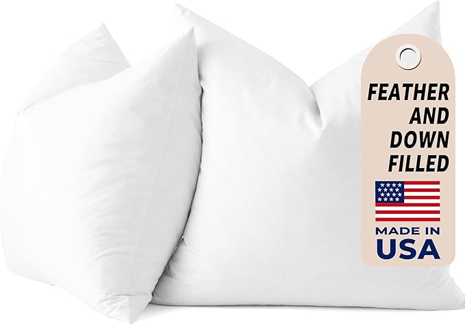 COZY ONE 14x14 Pillow Inserts Set of 2 - Fluffy Feather and Down Filling, 100% Cotton Shell - Decorative Throw Pillow Inserts for Armchairs, Chairs, Sofa (14x14 inch, White, Set of 2)