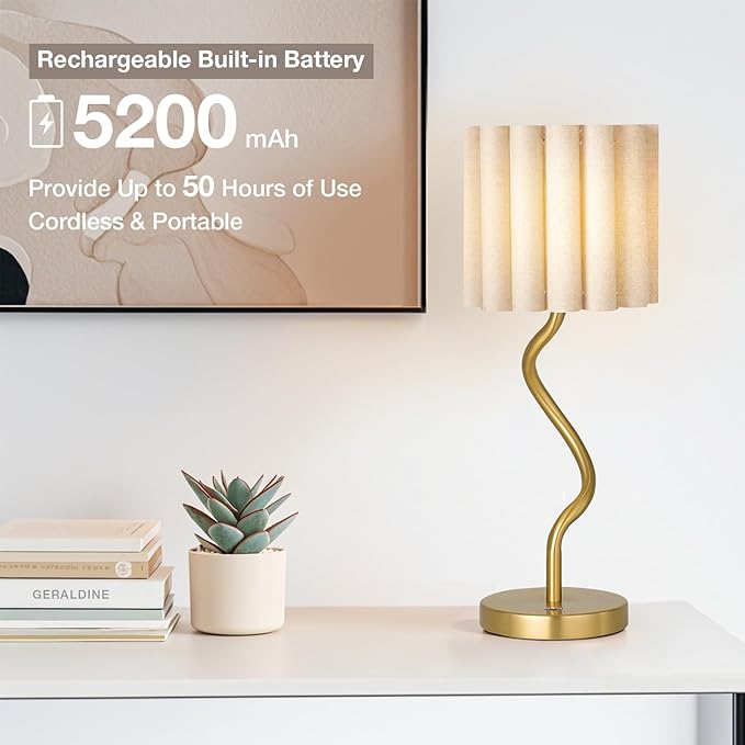 Cordless Scalloped Table lamp, Modern Brass Lamp for Bedside Restaurant Dining Table, 5200-mAh Rechargeable Battery, 3-Level Brightness Dimmable, Build-in Integrated LED 320 Lumen Max