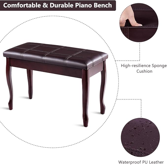 GOFLAME Piano Bench Stool with Padded Cushion and Music Storage, Heavy Duty Piano Duet Seat with PU Leather Padded Seat and Solid Wooden Legs, Perfect for Home Use (Brown)