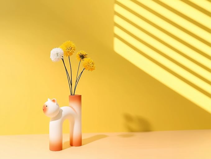Minimalist Cat-Shaped Ceramic - Unique Animal Flower Vase for Home Decor, Modern Matte Finish Decorative Vase for Living Room, Bedroom, Office, Shelf, Table Centerpiece (Orange)