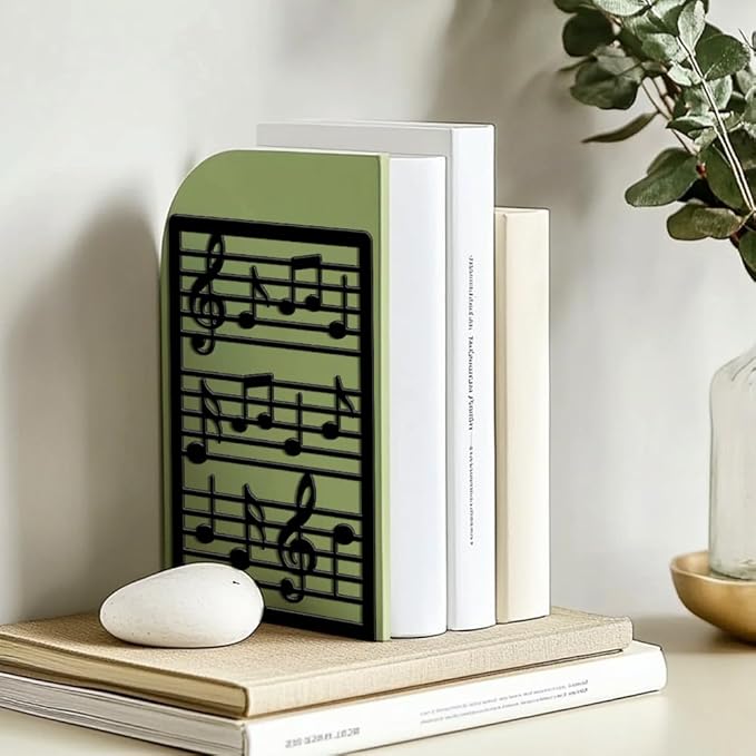 Peacoblue Metal Bookends for Shelves, Modern Decorative Heavy Duty Study Book Ends Stoppers for Office, Desk, Shelf, Room 5.3"x4.3"x7.9" Cast Iron Simple Tall Bookends 1 Pair (Music Notes and Staves)