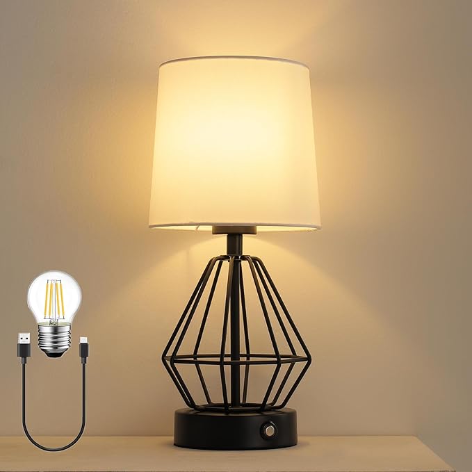 Black Cordless Lamp,Touch Stepless Dimming,8000mAh Rechargeable Battery Table Lamp,Black Cage Frame Wireless Lamp,White Lampshade,14.7inches Tall
