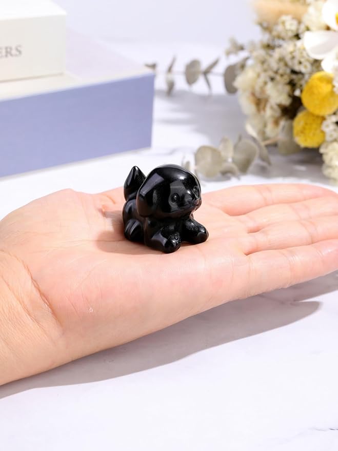 Jovivi Natural Black Obsidian Crystal Lying Dog Statue Home Decor Carved Mini Gemstone Puppy Dog Figurines Pocket Sculpture Reiki Healing Stones Decorative Ornament Gift