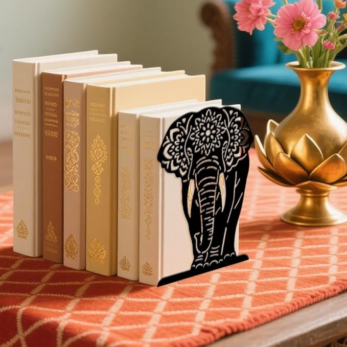 Peacoblue Metal Bookends for Shelves, Modern Decorative Heavy Duty Study Book Ends Stoppers for Office, Desk, Shelf, Room 5.3"x4.3"x7.9" Cast Iron Simple Tall Bookends 1 Pair (Mandala Elephant)