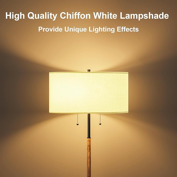 Karjoefar 2-Light Floor Lamp, Mid Century Floor Lamp with White Fabric Shade, Standing Lamp Tall Lamp for Living Room Bedroom, 3 Color Temperatures 9W Bulb Include