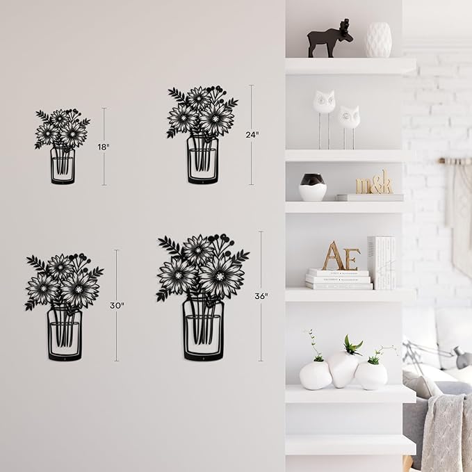SIGNLEADER Metal Wall Art Decor Sunflowers in Vase Minimalist Modern Abstract Wall Sculpture Hangings Home Decoration for Living Room, Bedroom, Bathroom, Kitchen, Outdoor - 18" Black