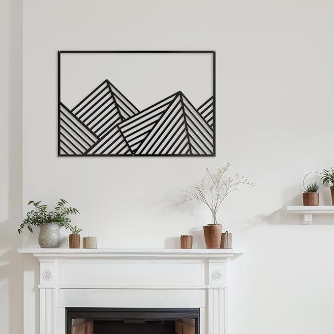 SIGNLEADER Metal Wall Decor Mountains Triangle Line Minimalist Modern Luxury Wall Sculpture Hangings 3D Statue Home Decoration for Living Room, Bedroom, Bathroom, Kitchen, Fireplace, Office - 24" Black